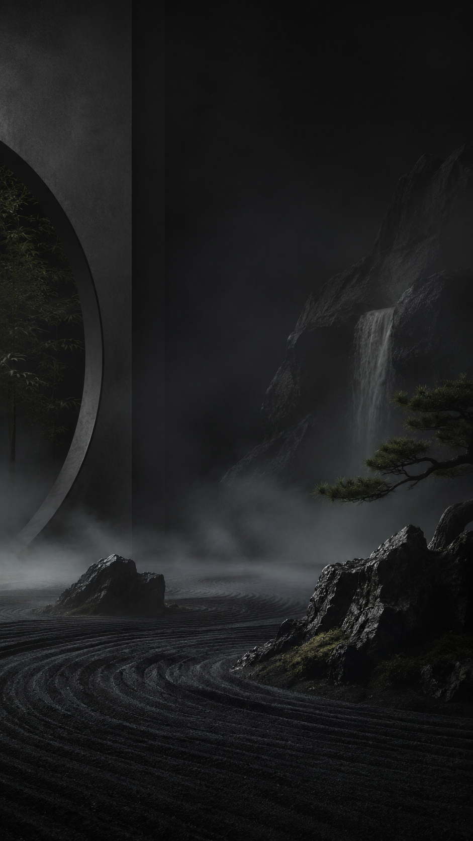 A moon gate beside a misty zen garden and distant waterfall